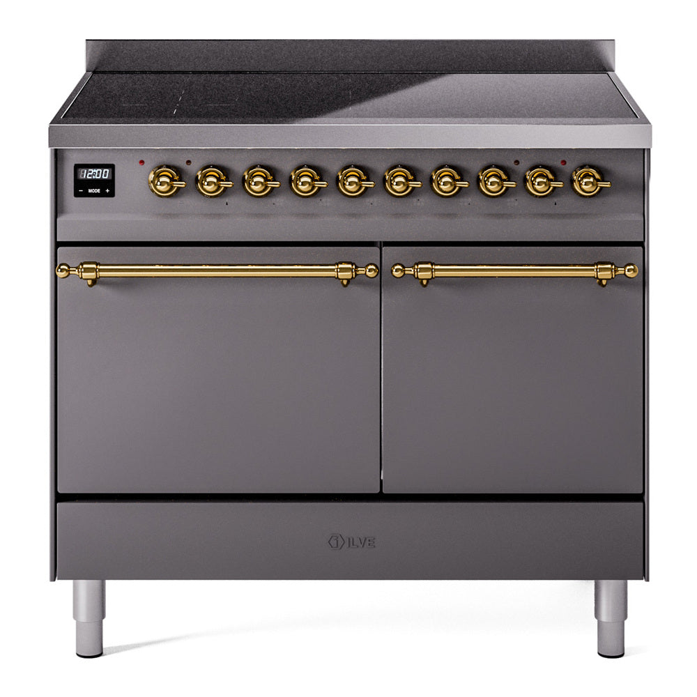 Ilve UPDI406QNMPMGG Nostalgie Ii 40 Inch Electric Freestanding Range In Matte Graphite With Brass Trim