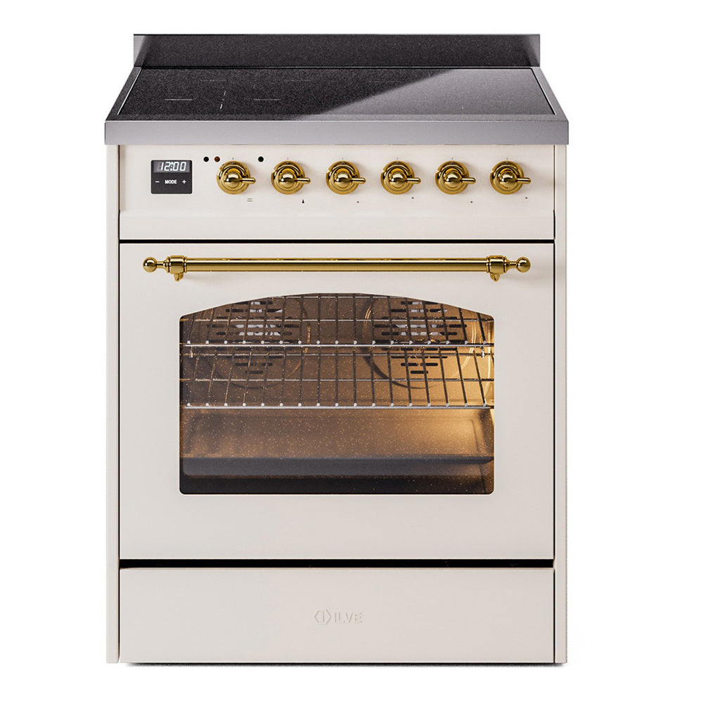 Ilve UPI304QNMPAWG Nostalgie Ii 30 Inch Electric Freestanding Range In Antique White With Brass Trim