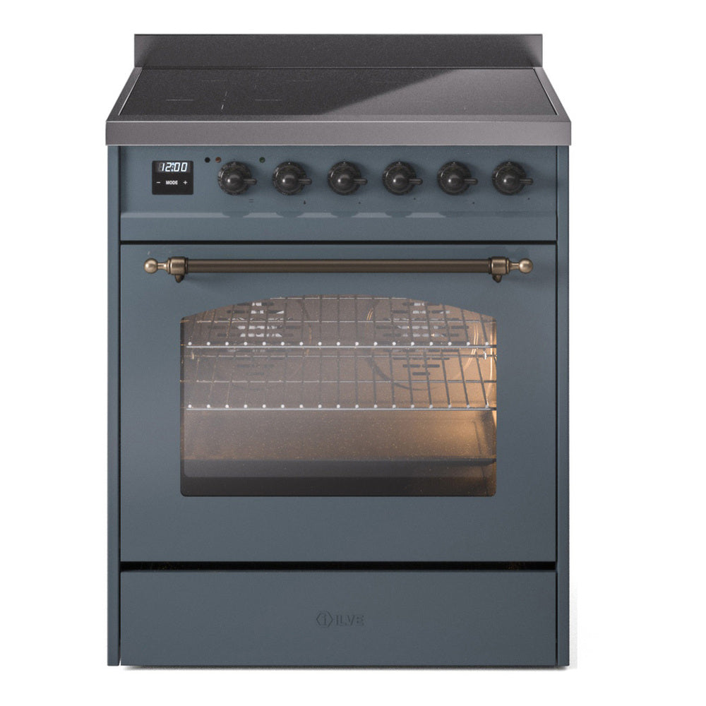 Ilve UPI304QNMPBGB Nostalgie Ii 30 Inch Electric Freestanding Range In Blue Grey With Bronze Trim