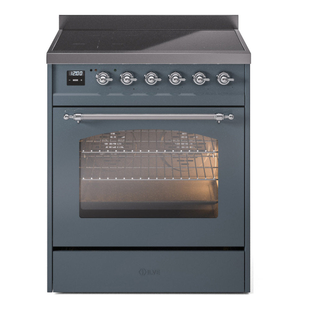 Ilve UPI304QNMPBGC Nostalgie Ii 30 Inch Electric Freestanding Range In Blue Grey With Chrome Trim