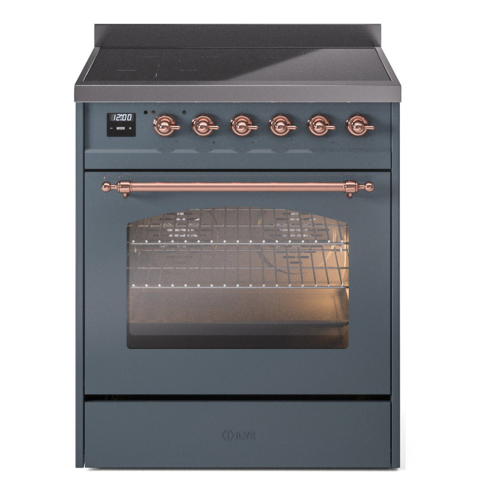 Ilve UPI304QNMPBGP Nostalgie Ii 30 Inch Electric Freestanding Range In Blue Grey With Copper Trim