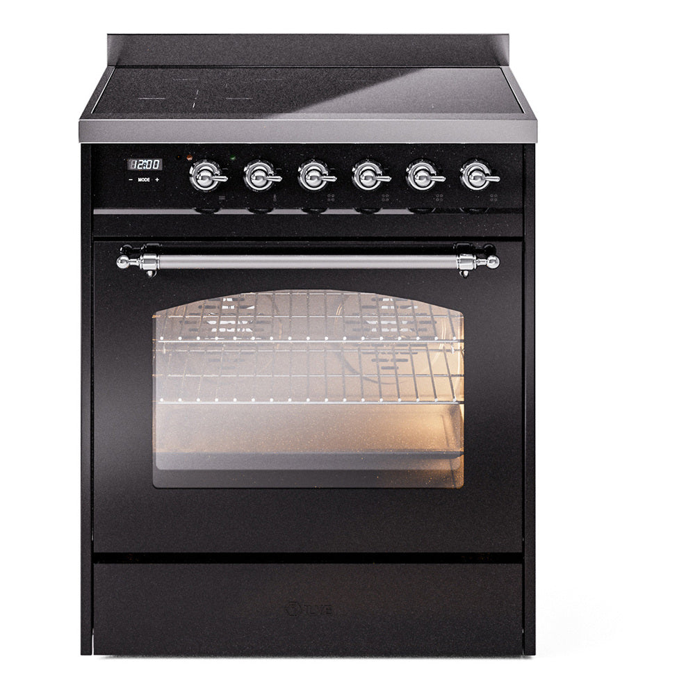 Ilve UPI304QNMPBKC Nostalgie Ii 30 Inch Electric Freestanding Range In Glossy Black With Chrome Trim