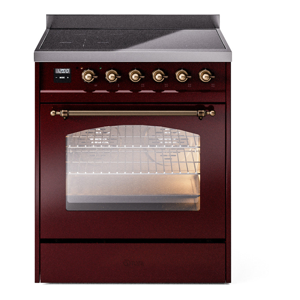 Ilve UPI304QNMPBUB Nostalgie Ii 30 Inch Electric Freestanding Range In Burgundy With Bronze Trim