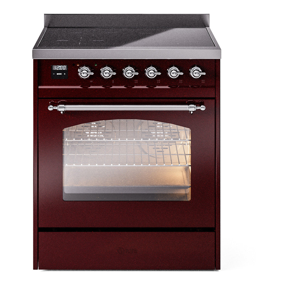 Ilve UPI304QNMPBUC Nostalgie Ii 30 Inch Electric Freestanding Range In Burgundy With Chrome Trim