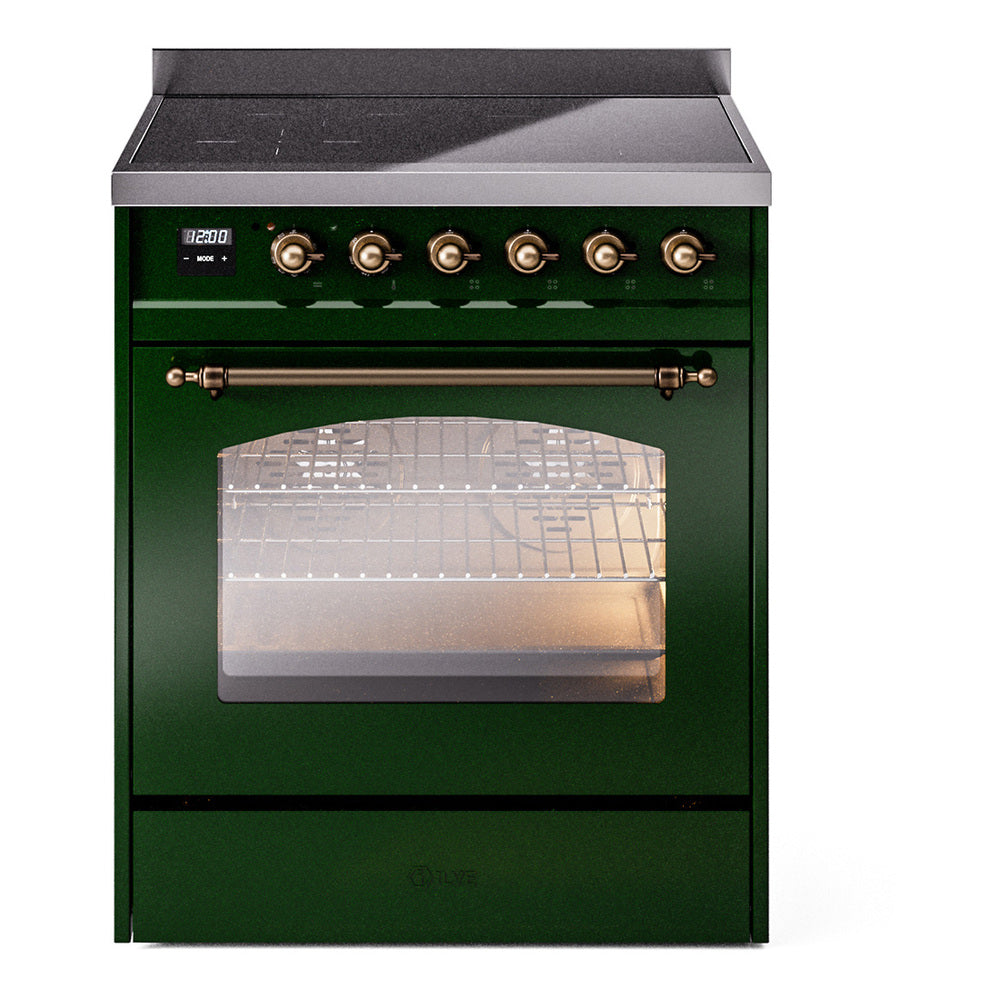 Ilve UPI304QNMPEGB Nostalgie Ii 30 Inch Electric Freestanding Range In Emerald Green With Bronze Trim