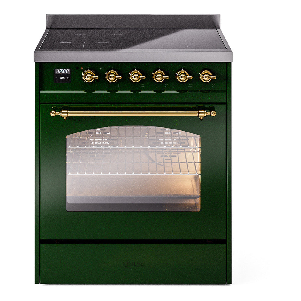 Ilve UPI304QNMPEGG Nostalgie Ii 30 Inch Electric Freestanding Range In Emerald Green With Brass Trim