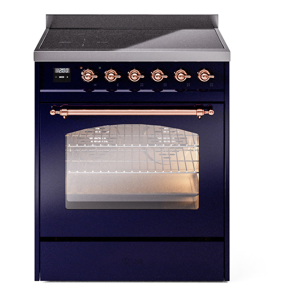 Ilve UPI304QNMPMBP Nostalgie Ii 30 Inch Electric Freestanding Range In Blue With Copper Trim