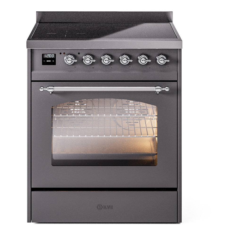 Ilve UPI304QNMPMGC Nostalgie Ii 30 Inch Electric Freestanding Range In Matte Graphite With Chrome Trim