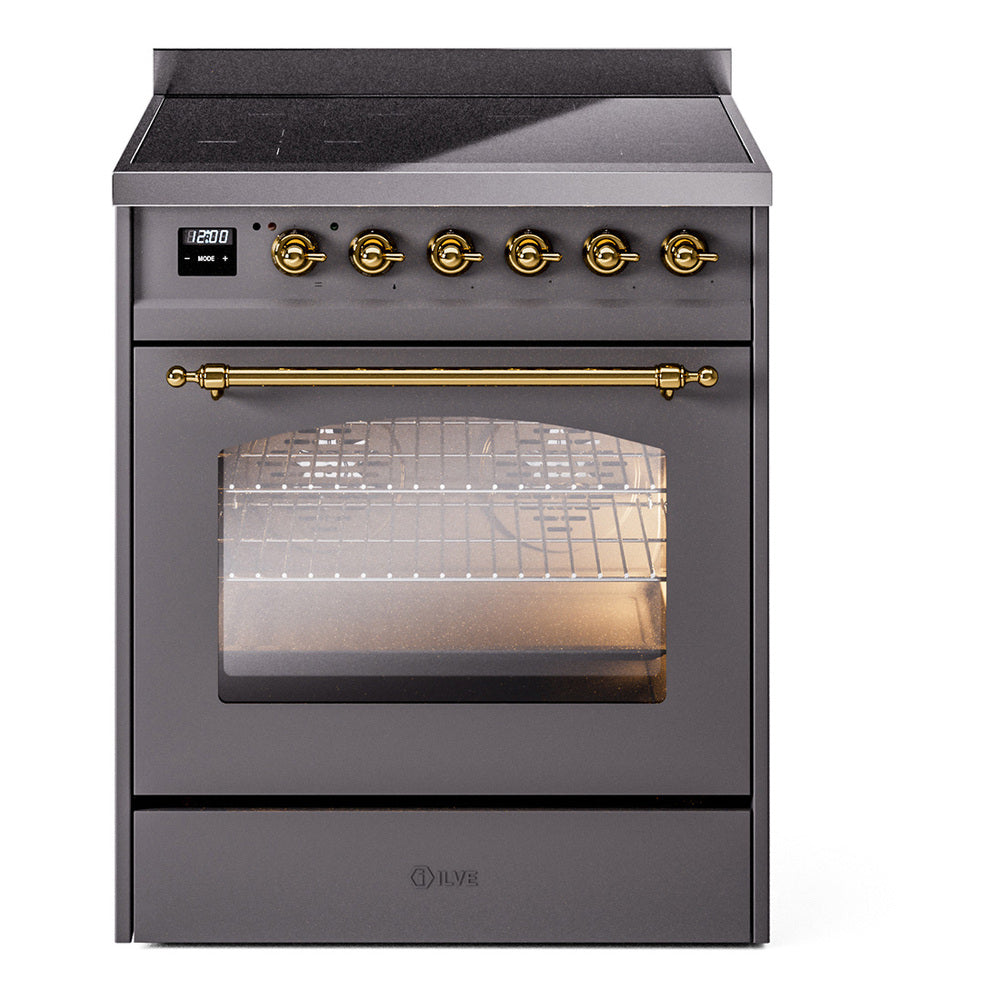 Ilve UPI304QNMPMGG Nostalgie Ii 30 Inch Electric Freestanding Range In Matte Graphite With Brass Trim