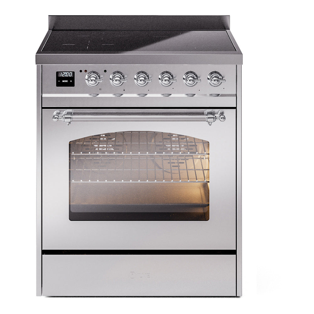 Ilve UPI304QNMPSSC Nostalgie Ii 30 Inch Electric Freestanding Range In Stainless Steel With Chrome Trim