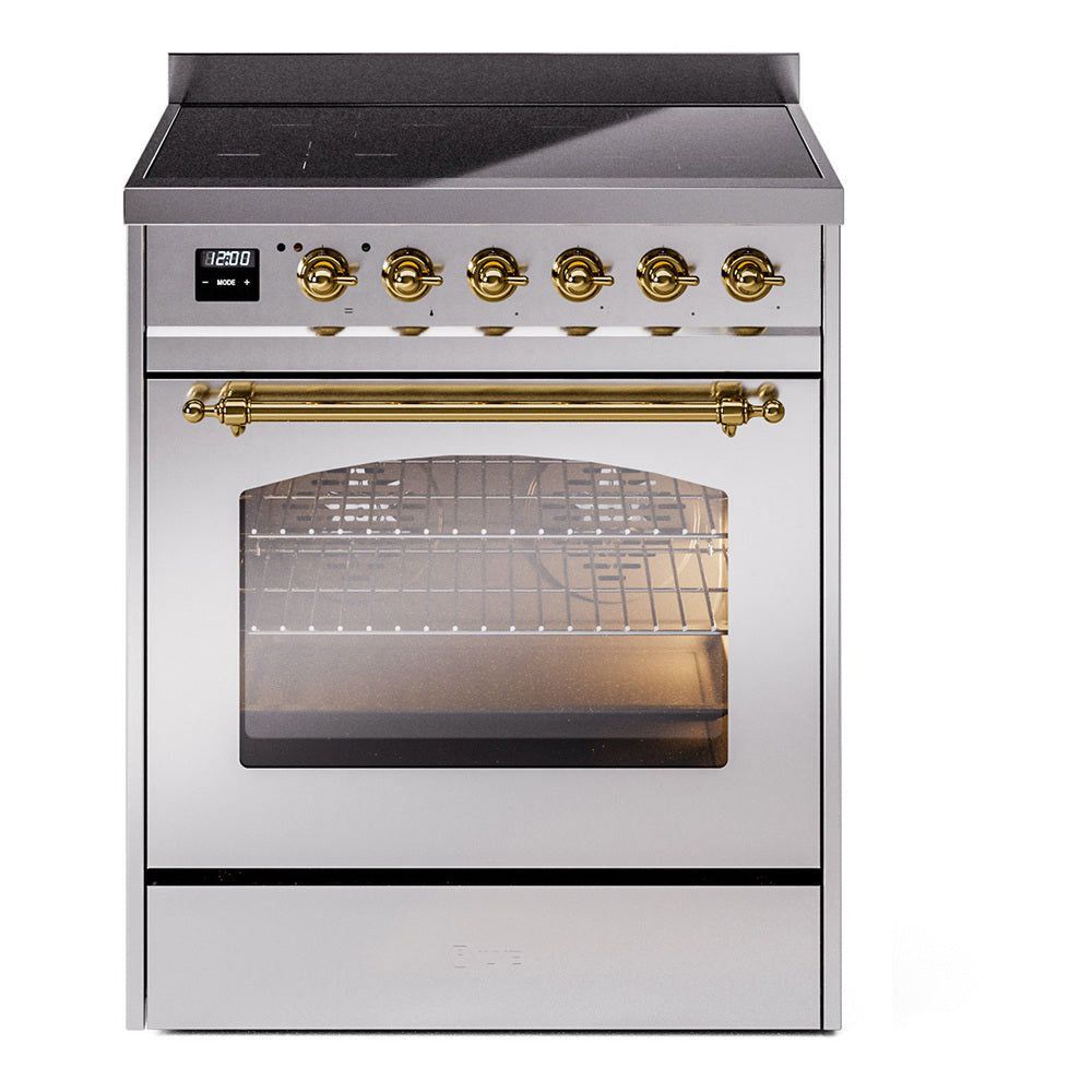 Ilve UPI304QNMPSSG Nostalgie Ii 30 Inch Electric Freestanding Range In Stainless Steel With Brass Trim