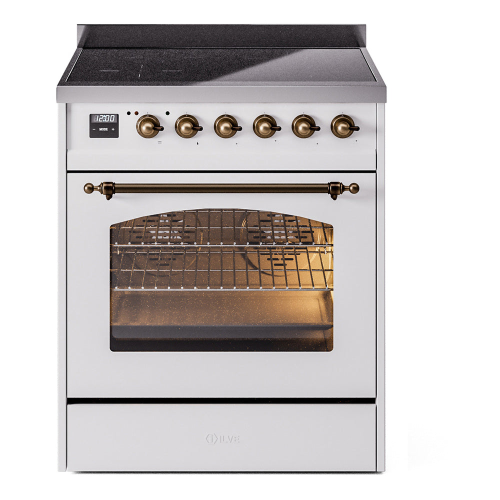 Ilve UPI304QNMPWHB Nostalgie Ii 30 Inch Electric Freestanding Range In White With Bronze Trim