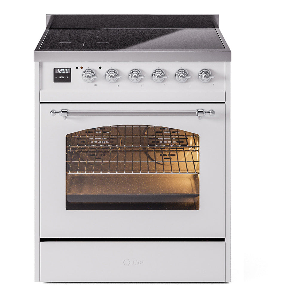 Ilve UPI304QNMPWHC Nostalgie Ii 30 Inch Electric Freestanding Range In White With Chrome Trim