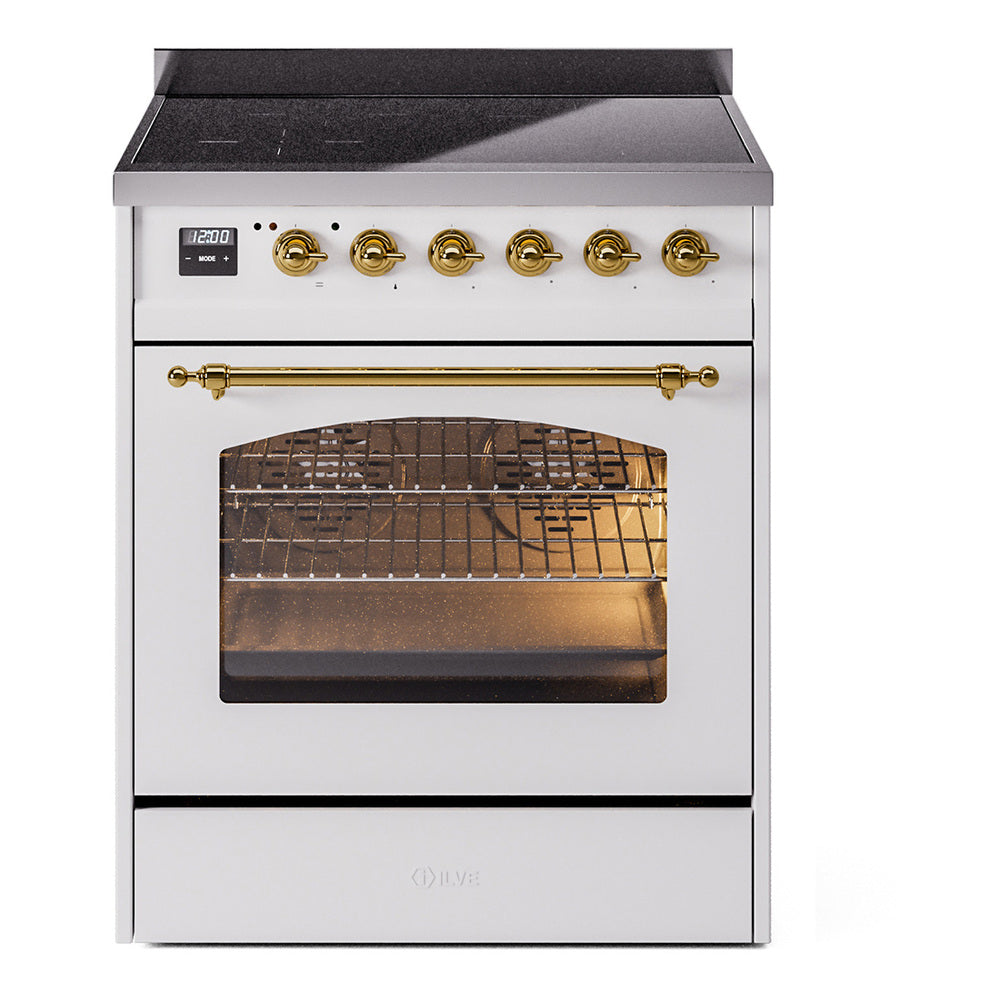 Ilve UPI304QNMPWHG Nostalgie Ii 30 Inch Electric Freestanding Range In White With Brass Trim