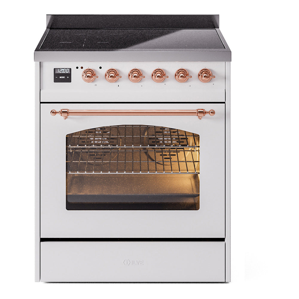 Ilve UPI304QNMPWHP Nostalgie Ii 30 Inch Electric Freestanding Range In White With Copper Trim