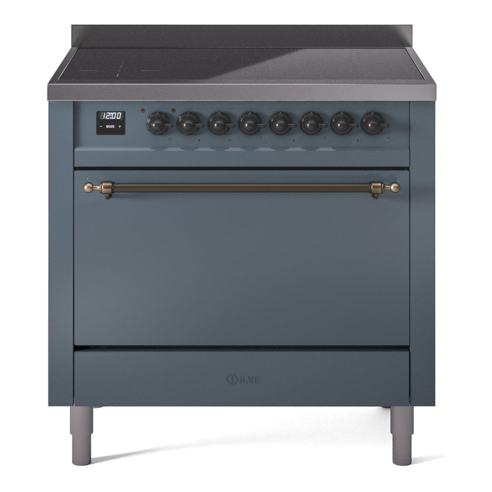 Ilve UPI366QNMPBGB Nostalgie Ii 36 Inch Electric Freestanding Range In Blue Grey With Bronze Trim