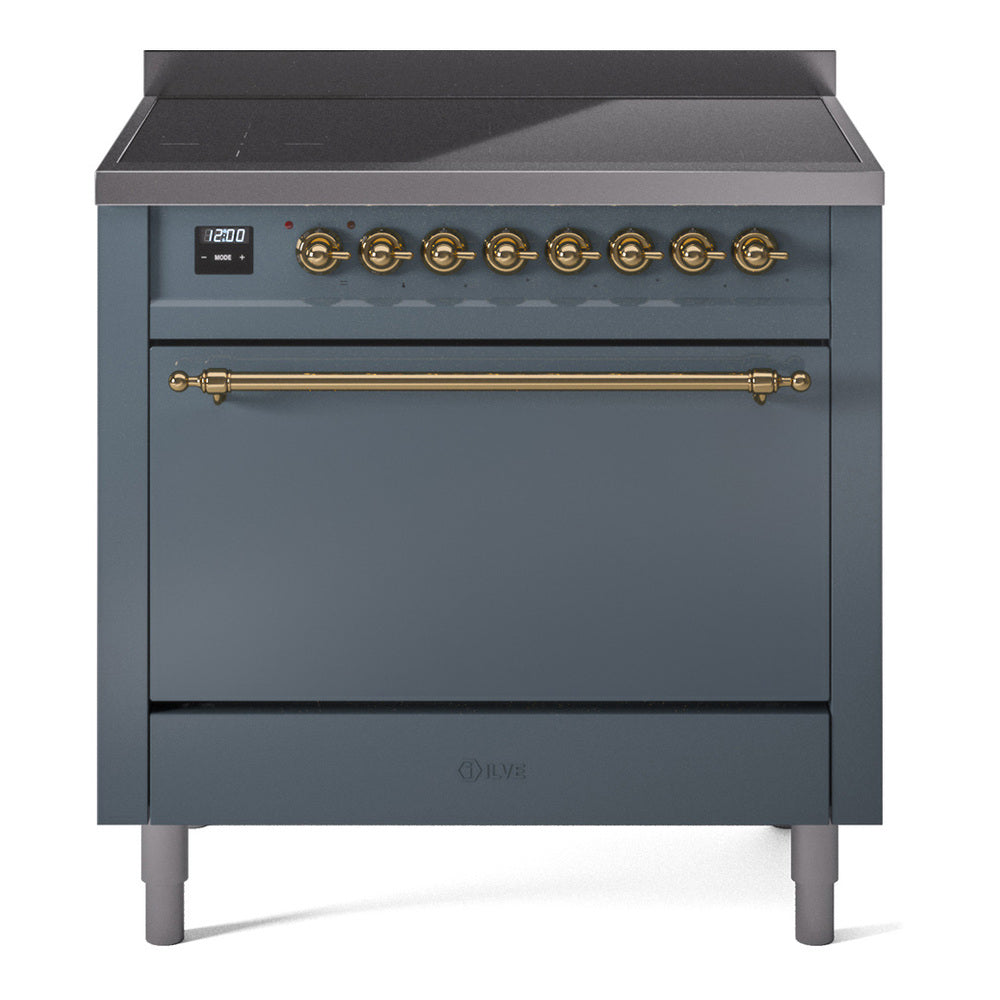 Ilve UPI366QNMPBGG Nostalgie Ii 36 Inch Electric Freestanding Range In Blue Grey With Brass Trim