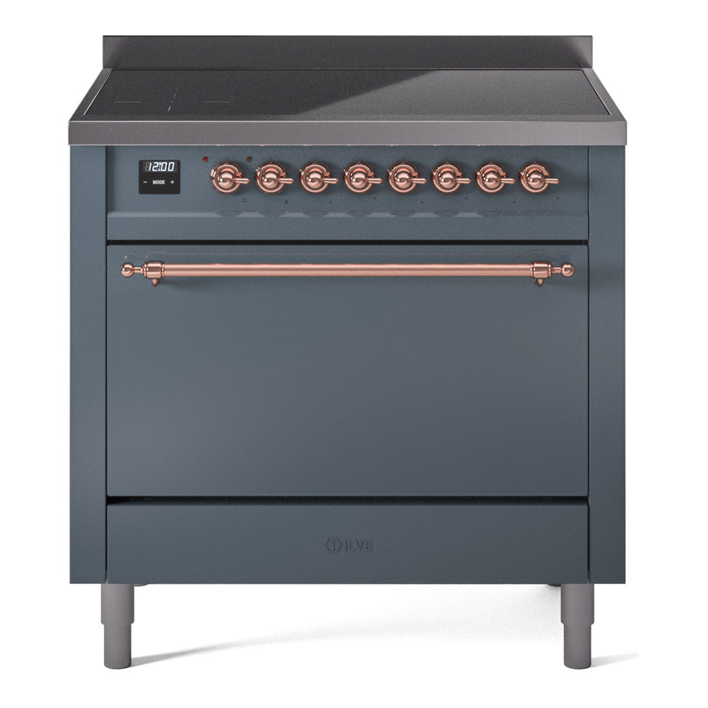 Ilve UPI366QNMPBGP Nostalgie Ii 36 Inch Electric Freestanding Range In Blue Grey With Copper Trim