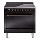 Ilve UPI366QNMPBKB Nostalgie Ii 36 Inch Electric Freestanding Range In Glossy Black With Bronze Trim