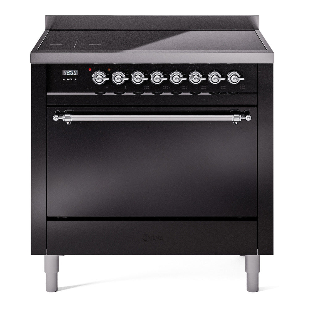 Ilve UPI366QNMPBKC Nostalgie Ii 36 Inch Electric Freestanding Range In Glossy Black With Chrome Trim