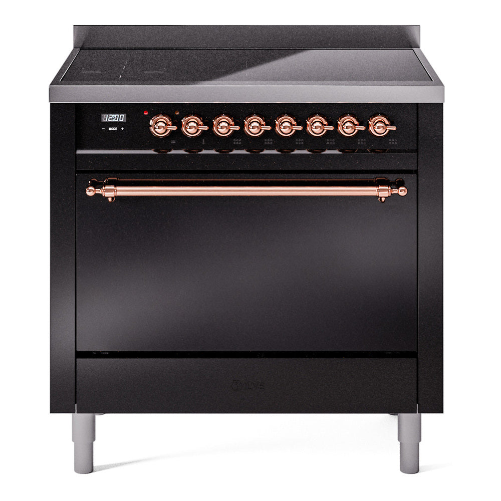 Ilve UPI366QNMPBKP Nostalgie Ii 36 Inch Electric Freestanding Range In Glossy Black With Copper Trim