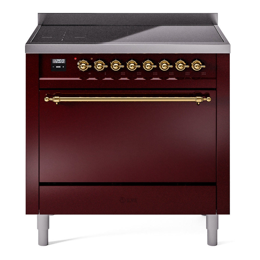 Ilve UPI366QNMPBUG Nostalgie Ii 36 Inch Electric Freestanding Range In Burgundy With Brass Trim