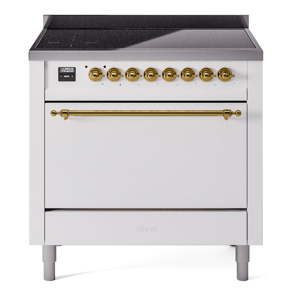 Ilve UPI366QNMPWHG Nostalgie Ii 36 Inch Electric Freestanding Range In White With Brass Trim