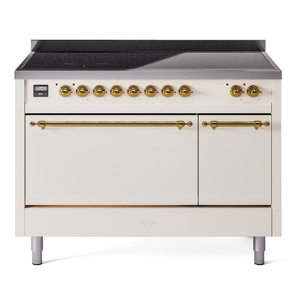 Ilve UPI486QNMPAWG Nostalgie Ii 48 Inch Electric Freestanding Range In Antique White With Brass Trim