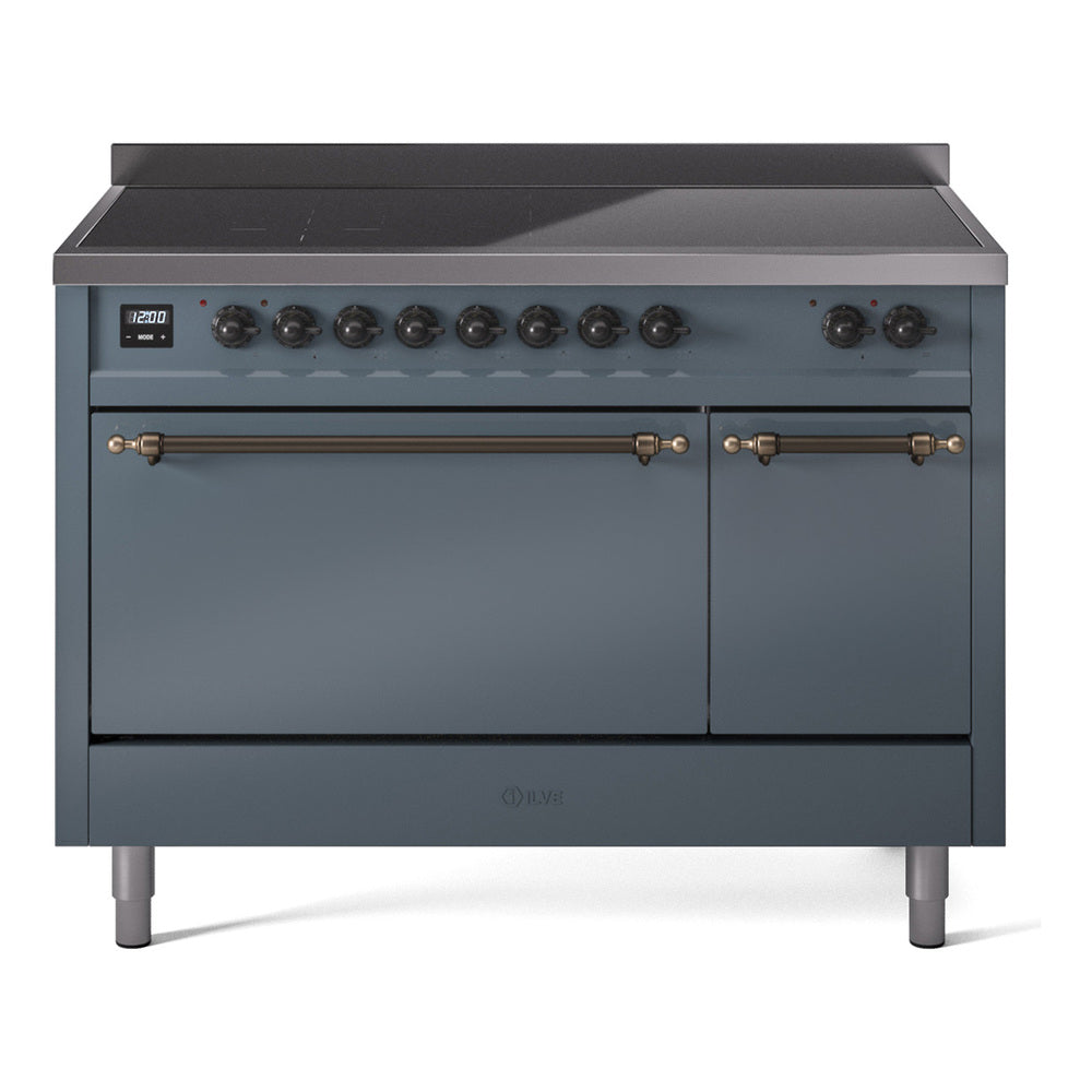 Ilve UPI486QNMPBGB Nostalgie Ii 48 Inch Electric Freestanding Range In Blue Grey With Bronze Trim