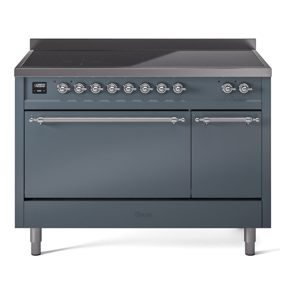 Ilve UPI486QNMPBGC Nostalgie Ii 48 Inch Electric Freestanding Range In Blue Grey With Chrome Trim