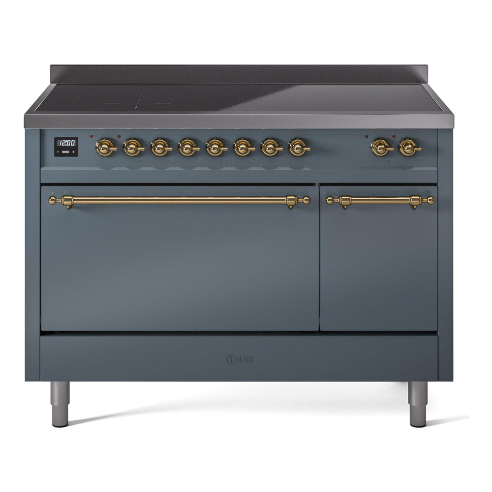 Ilve UPI486QNMPBGG Nostalgie Ii 48 Inch Electric Freestanding Range In Blue Grey With Brass Trim