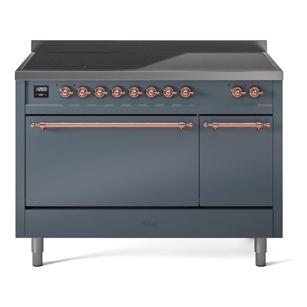 Ilve UPI486QNMPBGP Nostalgie Ii 48 Inch Electric Freestanding Range In Blue Grey With Copper Trim