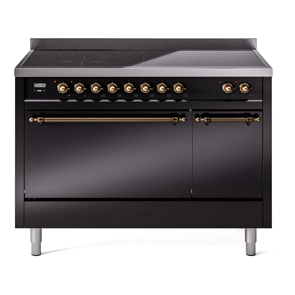 Ilve UPI486QNMPBKB Nostalgie Ii 48 Inch Electric Freestanding Range In Glossy Black With Bronze Trim