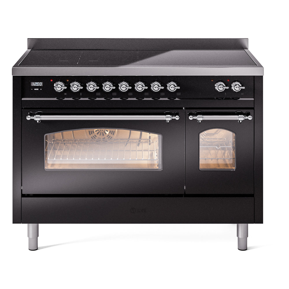 Ilve UPI486QNMPBKC Nostalgie Ii 48 Inch Electric Freestanding Range In Glossy Black With Chrome Trim