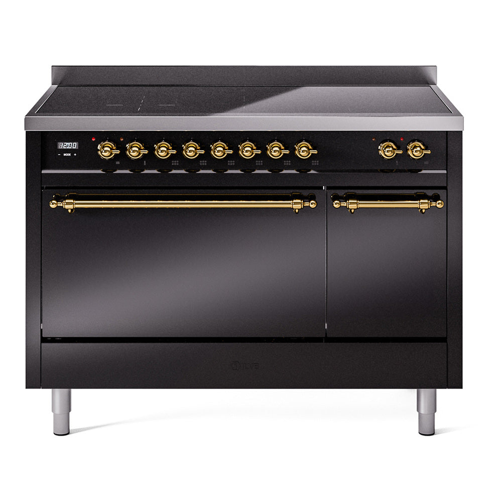 Ilve UPI486QNMPBKG Nostalgie Ii 48 Inch Electric Freestanding Range In Glossy Black With Brass Trim