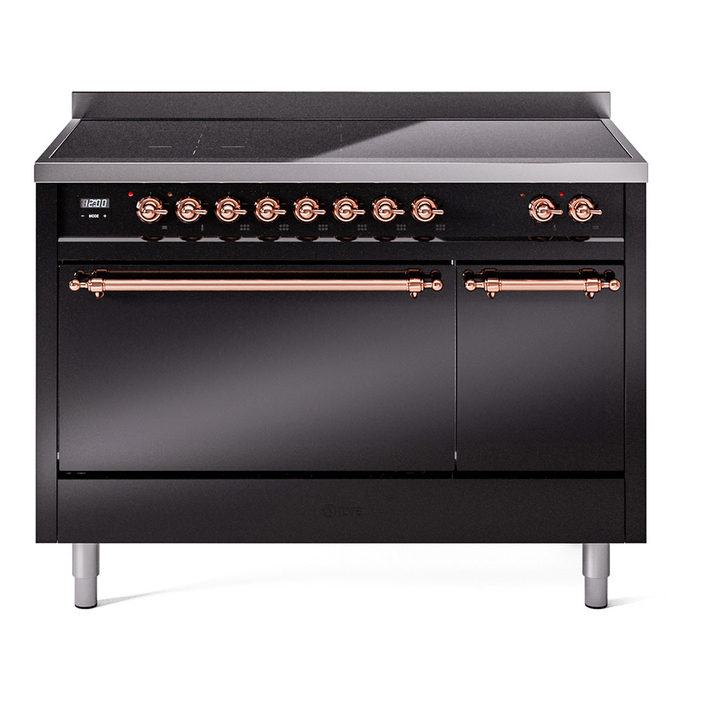 Ilve UPI486QNMPBKP Nostalgie Ii 48 Inch Electric Freestanding Range In Glossy Black With Copper Trim