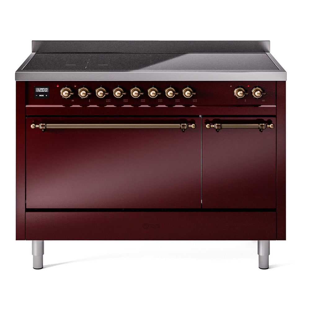 Ilve UPI486QNMPBUB Nostalgie Ii 48 Inch Electric Freestanding Range In Burgundy With Bronze Trim