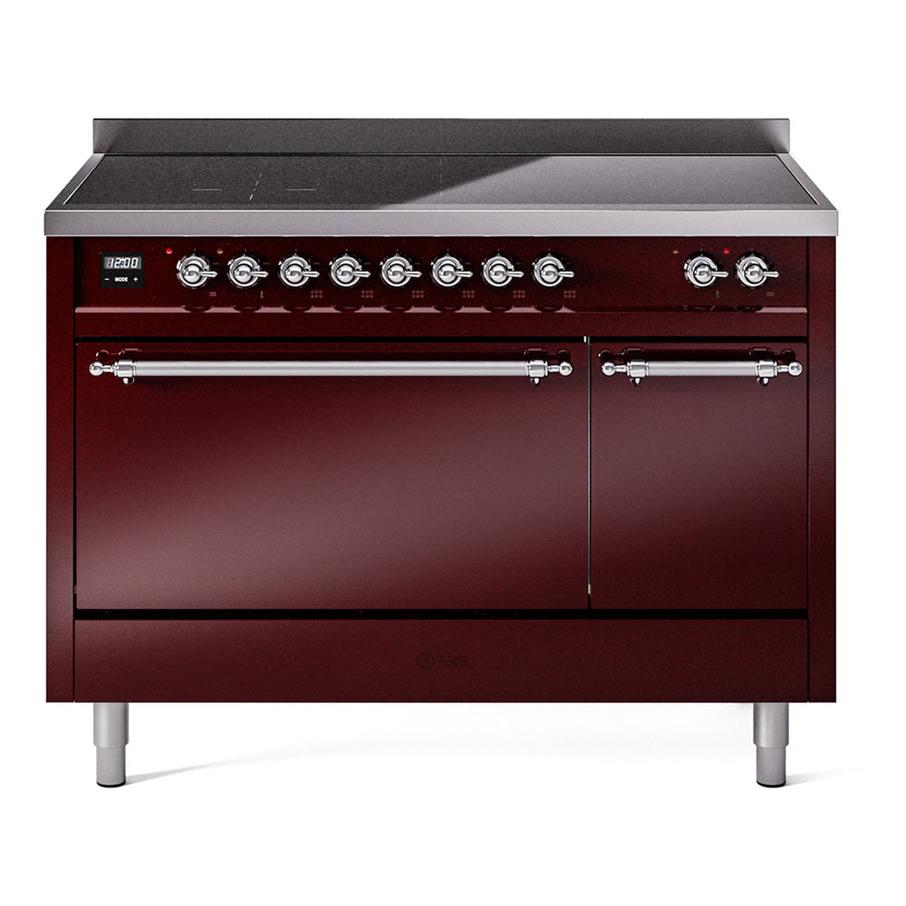 Ilve UPI486QNMPBUC Nostalgie Ii 48 Inch Electric Freestanding Range In Burgundy With Chrome Trim