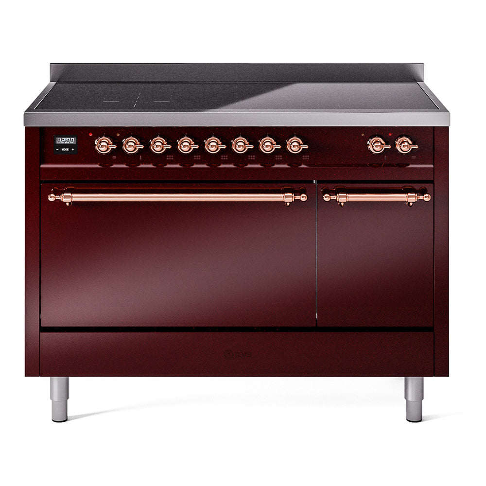 Ilve UPI486QNMPBUP Nostalgie Ii 48 Inch Electric Freestanding Range In Burgundy With Copper Trim