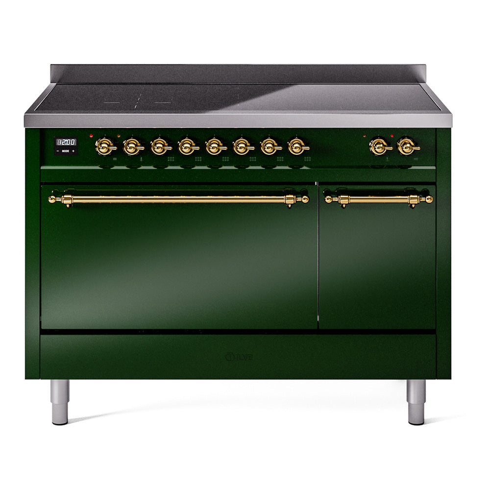 Ilve UPI486QNMPEGG Nostalgie Ii 48 Inch Electric Freestanding Range In Emerald Green With Brass Trim