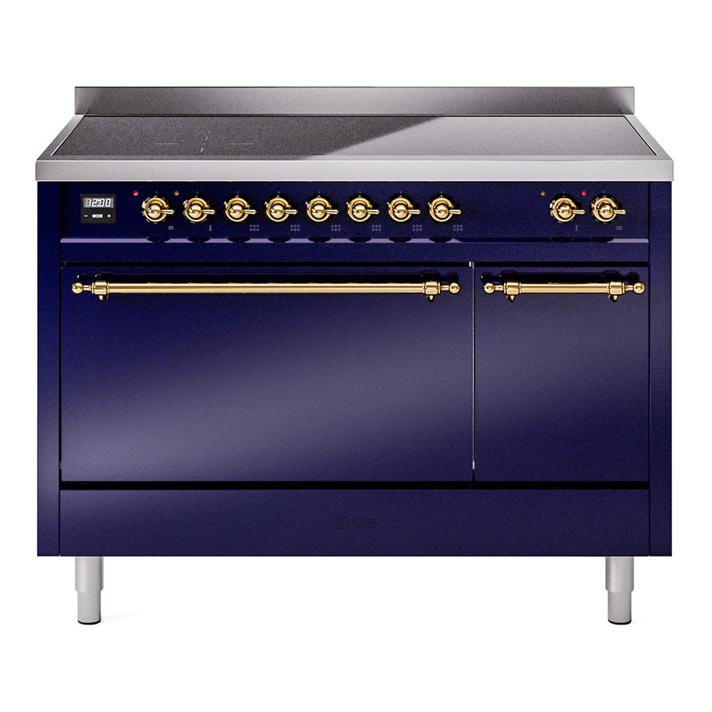 Ilve UPI486QNMPMBG Nostalgie Ii 48 Inch Electric Freestanding Range In Blue With Brass Trim