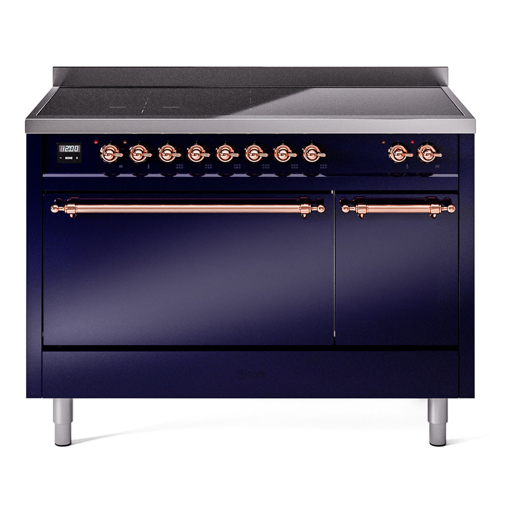 Ilve UPI486QNMPMBP Nostalgie Ii 48 Inch Electric Freestanding Range In Blue With Copper Trim