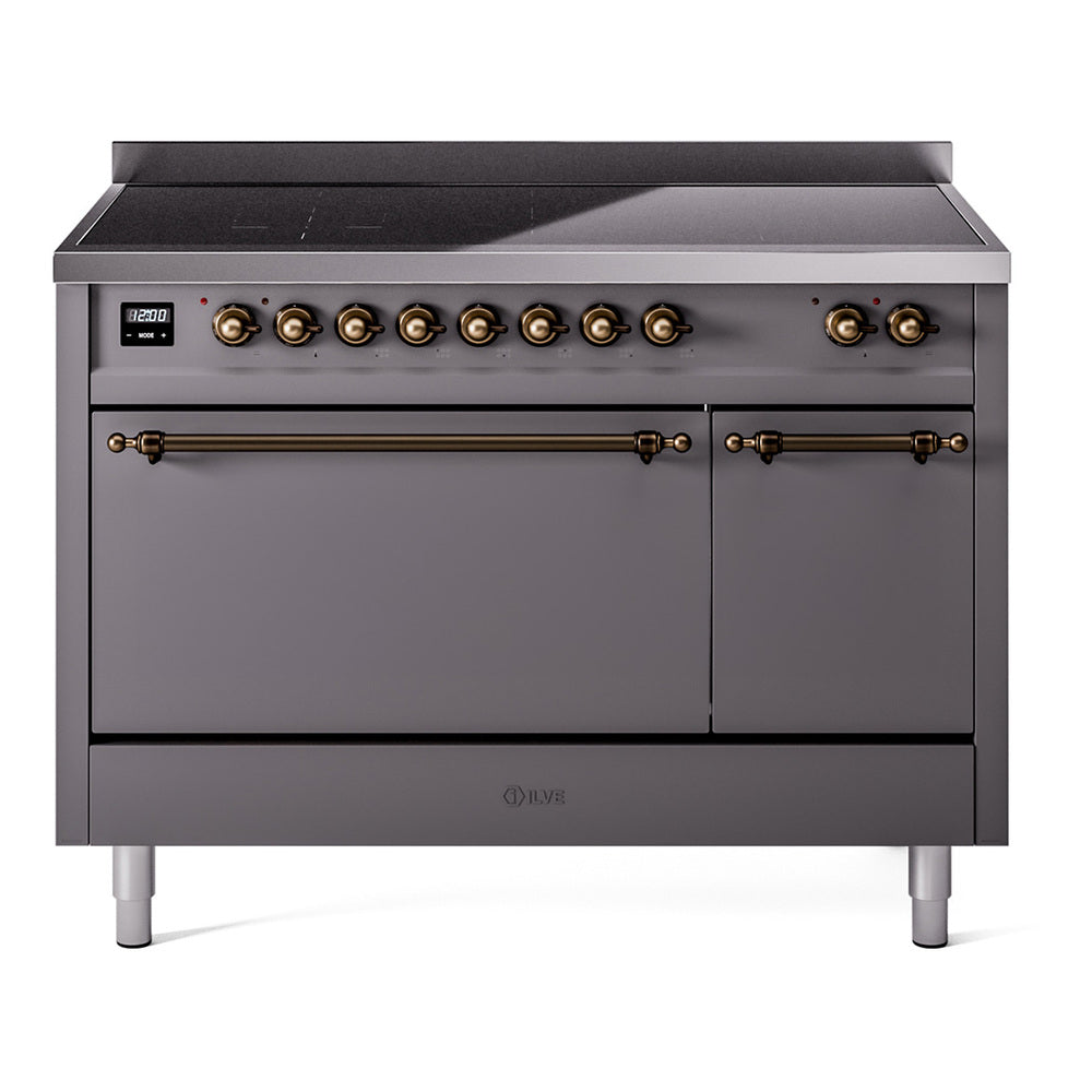 Ilve UPI486QNMPMGB Nostalgie Ii 48 Inch Electric Freestanding Range In Matte Graphite With Bronze Trim