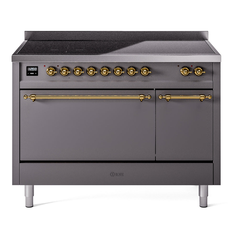 Ilve UPI486QNMPMGG Nostalgie Ii 48 Inch Electric Freestanding Range In Matte Graphite With Brass Trim