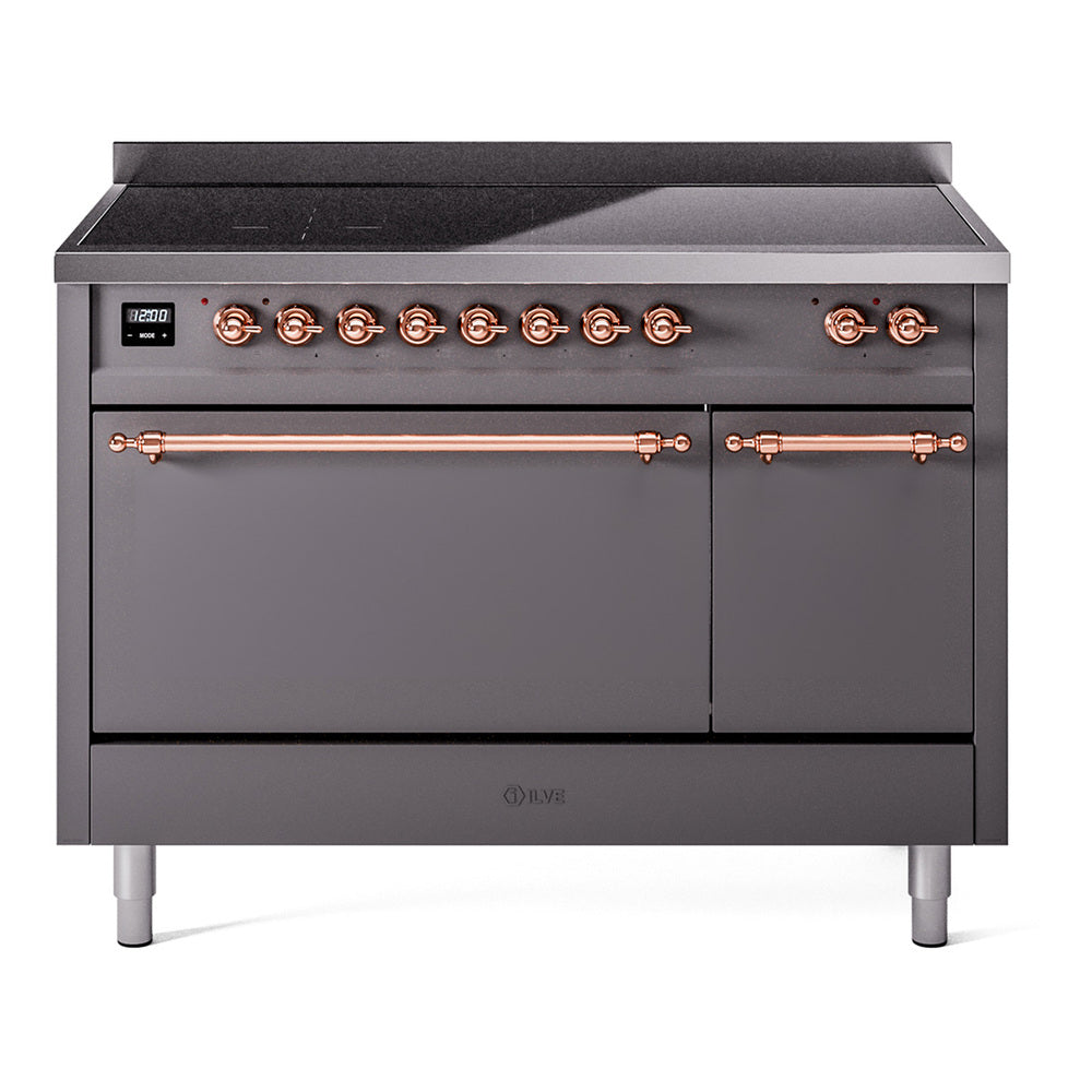 Ilve UPI486QNMPMGP Nostalgie Ii 48 Inch Electric Freestanding Range In Matte Graphite With Copper Trim