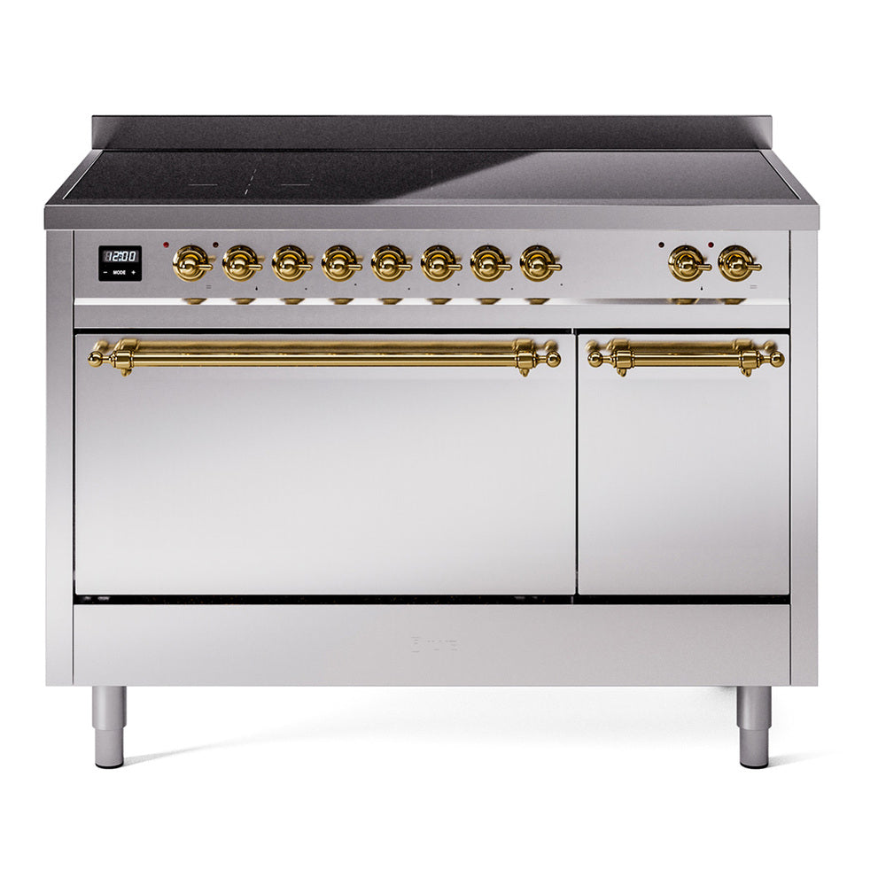 Ilve UPI486QNMPSSG Nostalgie Ii 48 Inch Electric Freestanding Range In Stainless Steel With Brass Trim