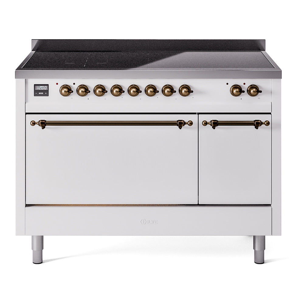 Ilve UPI486QNMPWHB Nostalgie Ii 48 Inch Electric Freestanding Range In White With Bronze Trim