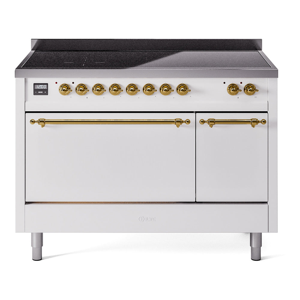 Ilve UPI486QNMPWHG Nostalgie Ii 48 Inch Electric Freestanding Range In White With Brass Trim