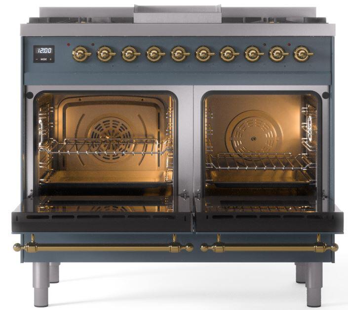 Ilve UPD40FNMPBGG Nostalgie Ii 40 Inch Dual Fuel Natural Gas Freestanding Range In Blue Grey With Brass Trim