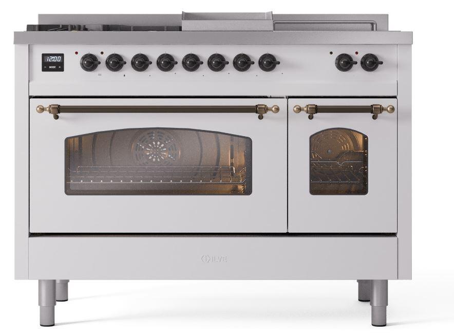 Ilve UP48FSNMPWHBLP Nostalgie Ii 48 Inch Dual Fuel Liquid Propane Freestanding Range In White With Bronze Trim